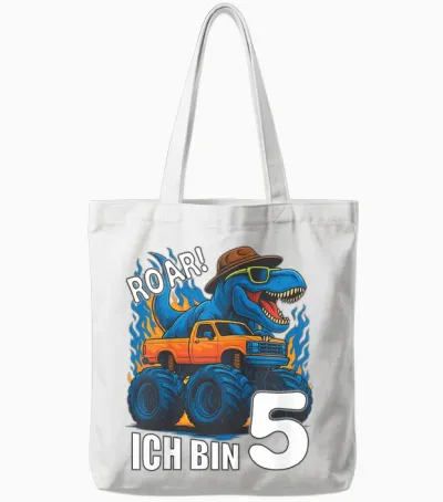 Kinder Dino Ich Bin 5 Dinosaurier Kindergeburtstag Monstertruck Tote Bags - White