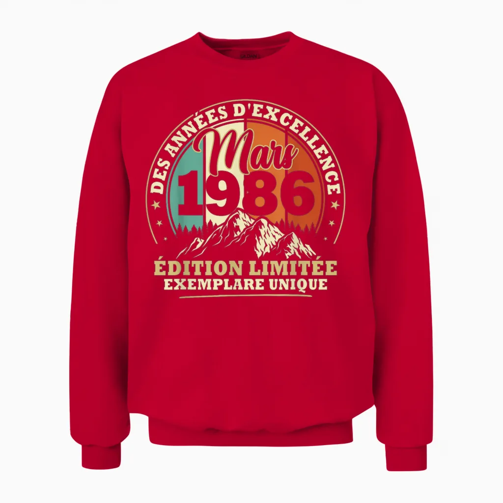 Vintage Mars 1986 Cadeau Anniversaire 40 Ans Hommes Femmes Unisex Sweatshirt in Red