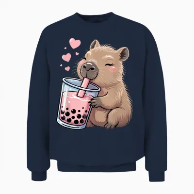 Kawaii Capybara Drink Bubble Tea Lover Girls Unisex Sweatshirt - Navy