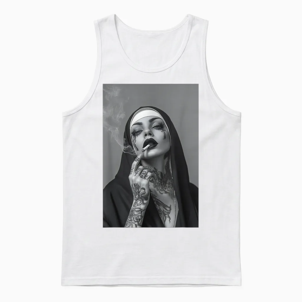 Tattooed Nun Smoking Cigarette Rebbel Christian Jesus Unisex Tank Top in White