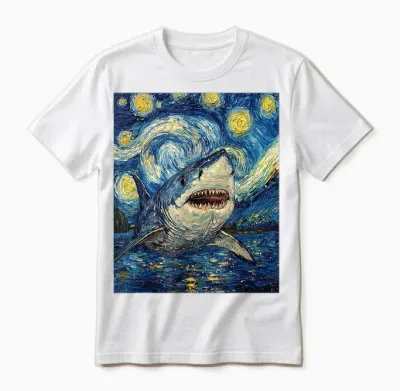 Funny Shark - Van Gogh Style - Starry Night Unisex T-Shirt - White