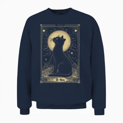 Gothic Tarot Card the Moon Cat Crescent Mystical Art T-Shirt, Black, S Unisex Sweatshirt - Navy