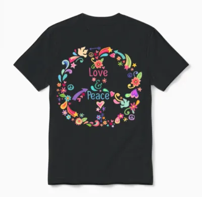 60s 70s Peace Sign Love Hippie T-Shirt, Blue, S Unisex T-Shirt - Black
