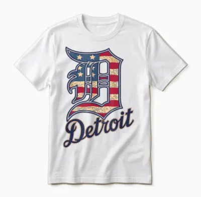 Nate Willis Detroit American Flag Old English D T-Shirt - Men's Black Small Modern Classic Letter Print Short Sleeve Unisex T-Shirt - White
