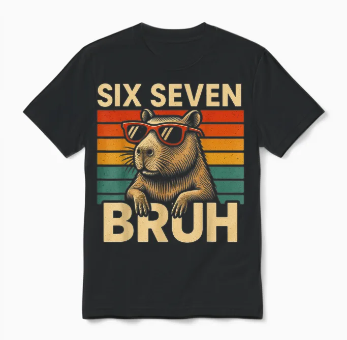 Six Seven Bruh Capybara Retro Vintage Funny 67 Meme Unisex T-Shirt in Black