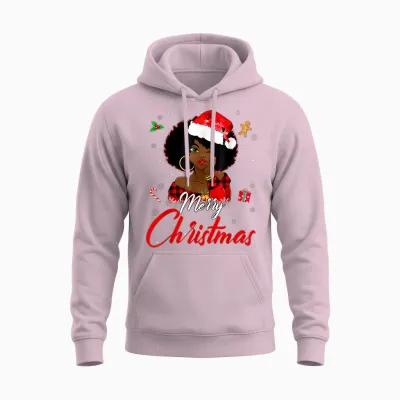 Black African Girl American Melanin Christmas Santa Hat Xmas Unisex Hoodie - Light Pink