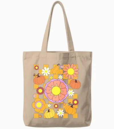 Pumpkin and Flower Retro Tote Bags - Natural