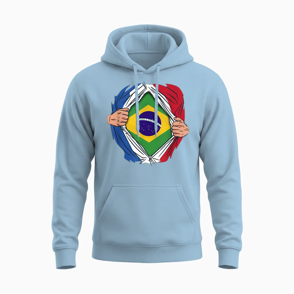 Super Hero Brazilian French Flag Brazil France Unisex Hoodie in Light Blue