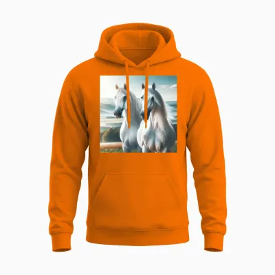 White Double Horse Unisex Hoodie - Safety Orange