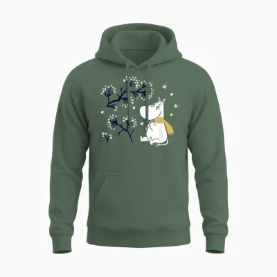 Moomin Moomintroll Winter Watching the Snow T-Shirt, Blue Unisex Hoodie - Military Green