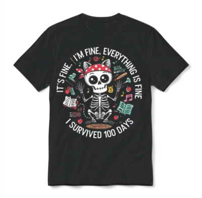 It's Fine I'm Fine, 100 Days Survival Cat Skeleton Unisex T-Shirt - Black