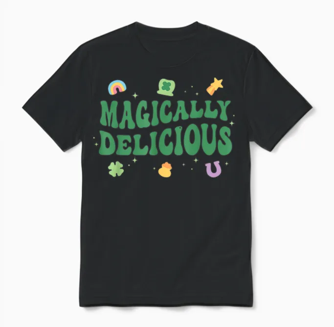 Magically Delicious Lucky Charms Groovy St Patricks Day Unisex T-Shirt in Black
