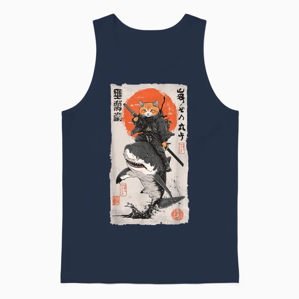Epic Ninja Cat Riding Shark Funny Japanese Ukiyo-E Art Unisex Tank Top in Navy