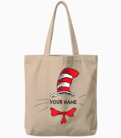 Cat in the Hat Personalized T-Shirt for Teacher, Friend, Kid Tote Bags - Natural