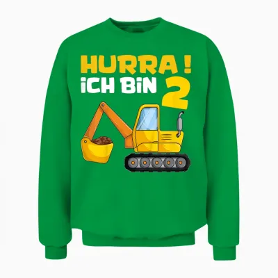 Hurra Ich Bin 2. Geburtstag Jungen Shirts, Zwei Jahre Bagger Unisex Sweatshirt - Irish Green