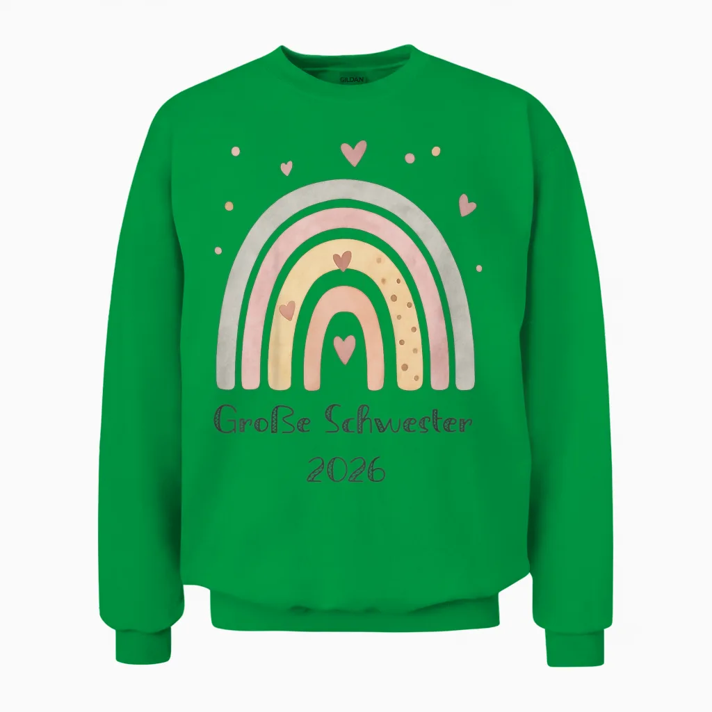 Children's Big Sister 2026 Rainbow Heart Motif Unisex Sweatshirt in Irish Green