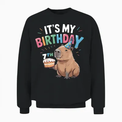 Kids 7th Birthday Capybara 7 Years Old Birthday Party Unisex Sweatshirt - Black