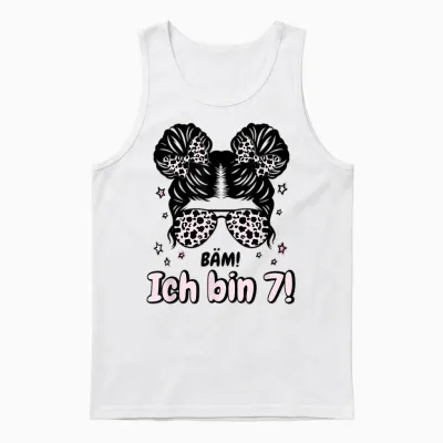 Kids 7th Birthday Girl Messy Bun Bäm! I Am Seven Unisex Tank Top - White