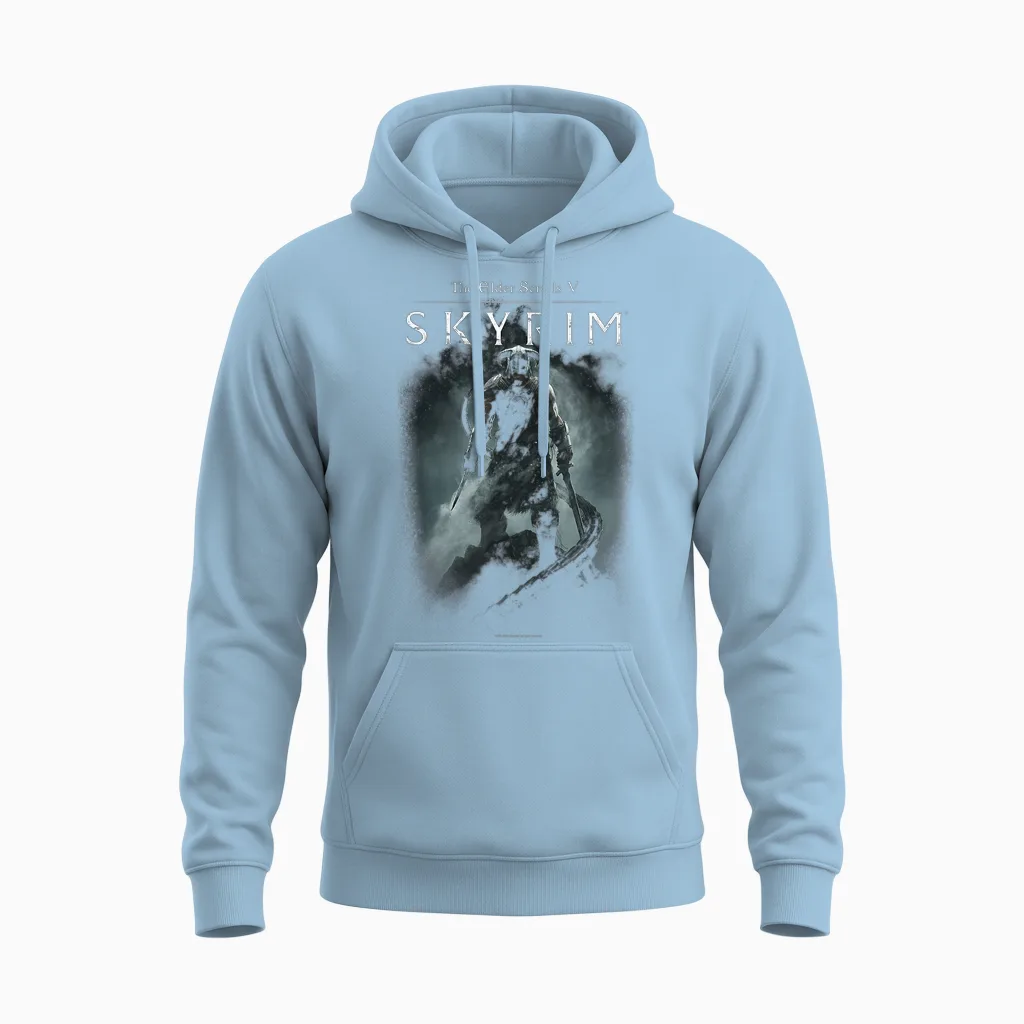 Ripple Junction X Elder Scrolls Dragonborn in Silhouette T-Shirt, Black Unisex Hoodie in Light Blue