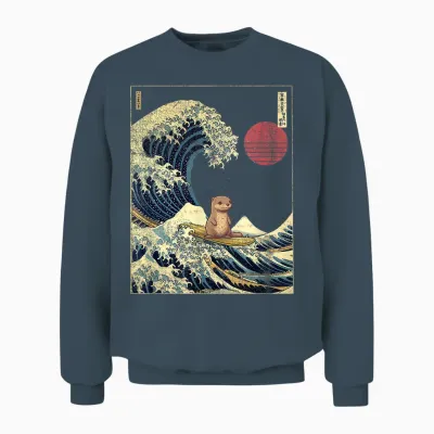 Kanagawa Otter Wave Funny Surf Animal T-Shirt, Black, S Unisex Sweatshirt - Dark Heather