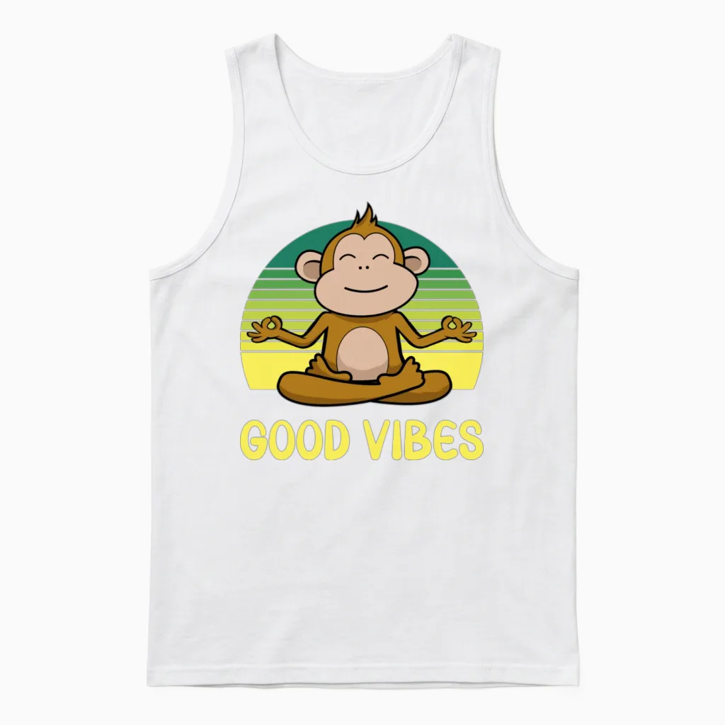 Meditating Monkey Retro Sunset Unisex Tank Top in White