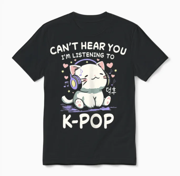Korean Cat Can Not Hear You I Hear K-Pop Unisex T-Shirt in Black