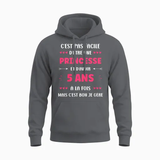 Children's Humour 5 Years Child Princess Birthday Girl 5 Years T-Shirt, Black, 2 Unisex Hoodie - Charcoal