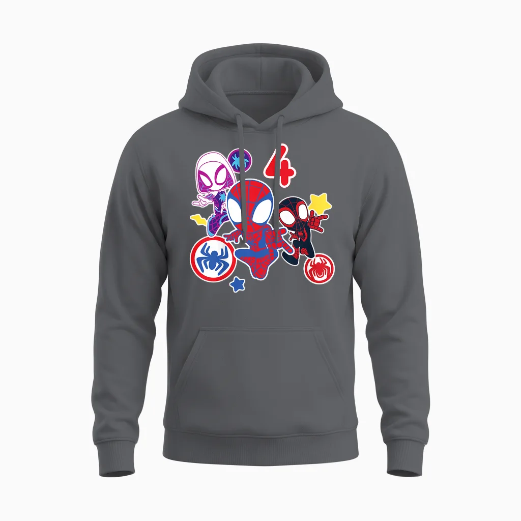 Children's Marvel Spidey and His Amazing Friends 4 Year Old Birthday T-Shirt, Black Unisex Hoodie in Charcoal