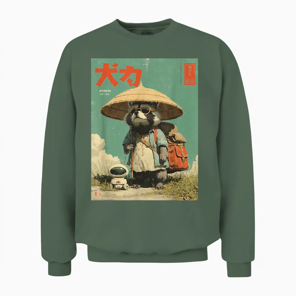Vintage Retro Japanese Geeky Raccoon Hiking with Robot Unisex Sweatshirt in Military Green