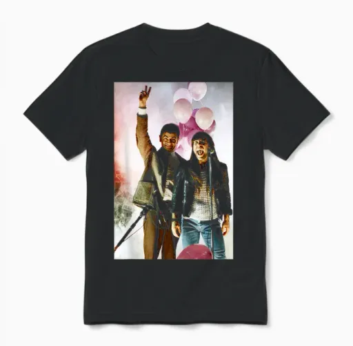 Rowan Atkinson Mr Bean with Bruce Dickinson from Iron Maiden Unisex T-Shirt in Black
