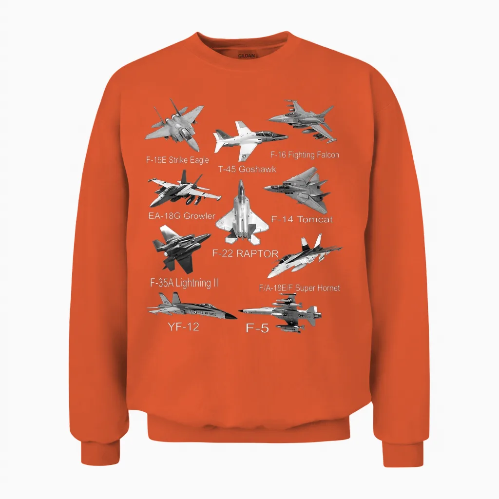 American Fighters Jets F22 Raptor F14 Tomcat Plane Spotting T-Shirt Small Unisex Sweatshirt in Orange