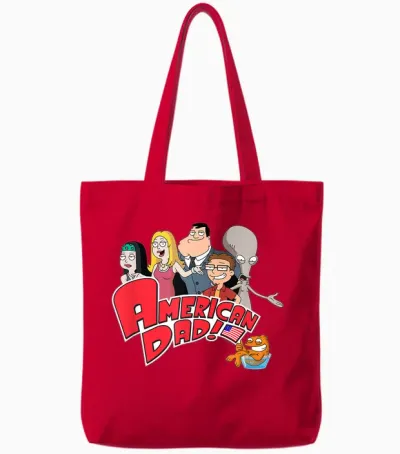 American Dad Show Logo with Family Cartoon T-Shirt, Black, S Tote Bags - Red