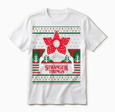 Stranger Things Christmas Epic Demogorgon Ugly Sweater Logo Unisex T-Shirt - White