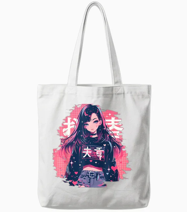 Anime Waifu Cute Manga Cat Girl Cute Retro Japanese T-Shirt, Black, S Tote Bags in White