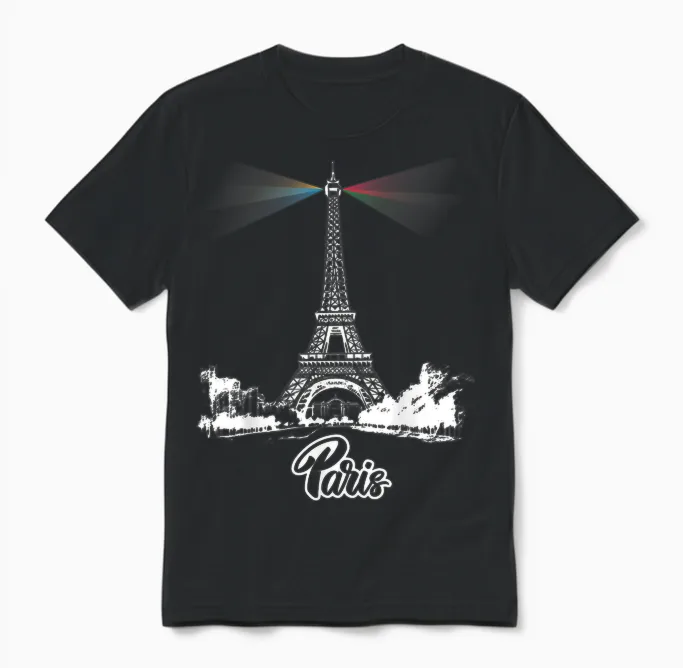 Paris Eiffel Tower Lights Lighthouse Souvenirs Events France T-Shirt, Black Unisex T-Shirt in Black