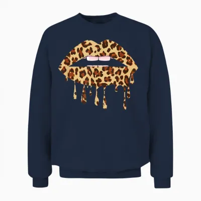 Leo Mouth Lips in Leo Look Leopard Pattern Gift T-Shirt, Black, S Unisex Sweatshirt - Navy