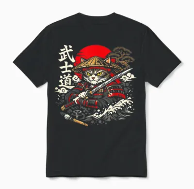 Chat Samouraï Avec Katana Sous Le Soleil Style Bushido Unisex T-Shirt - Black