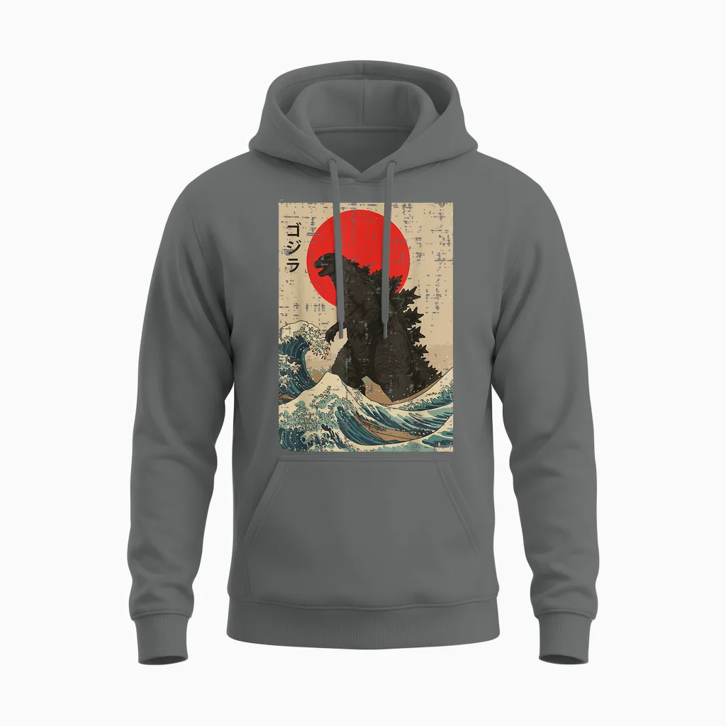 Japanese Kaiju Wave Red Sun Japan Monster Men Women Unisex Hoodie in Graphite Heather