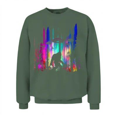Bigfoot Ufo Abduction Northern Lights Believers Unisex Sweatshirt - Military Green