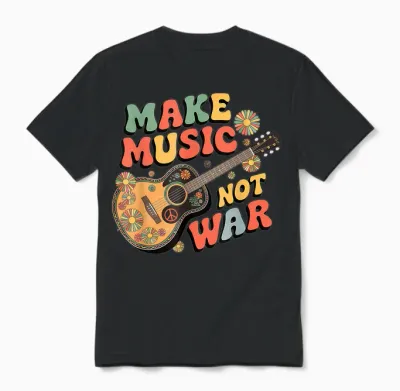 "make Music Not War" Retro Boho Gitarre Peace Symbol Groovy Unisex T-Shirt - Black