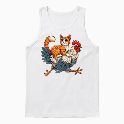 Funny Cat Riding a Chicken Whimsical Cat Unisex Tank Top - White