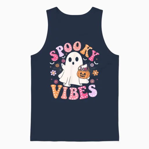 Spooky Vibes Ghost Retro Groovy Halloween Women Girls Unisex Tank Top - Navy