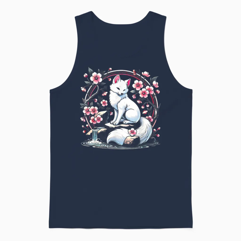 Japanese Kitsune Yokai White Fox Ghost Ukiyo-E Vintage Unisex Tank Top in Navy