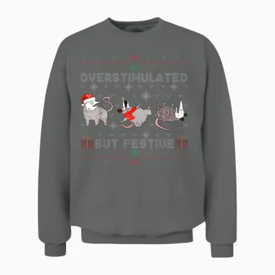 Overstimulated but Festive Opossum Ugly Sweater Christmas Unisex Sweatshirt - Graphite Heather