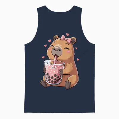 Cute Capybara Drinking Bubble Tea for Girls Capybara Unisex Tank Top - Navy