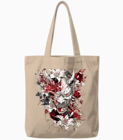 Heinze Design Japan Collection Anime Grunge Harajuku T-Shirt, Black, S, Half Sleeve, Unisex, Classic Fit, Anime Death Flower Oni Japanese Spider Lily Devil Tote Bags - Natural