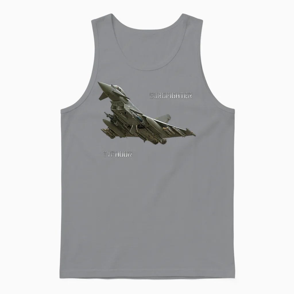 Dasdirkdesign Eurofighter T-Shirt Schwarz Herren Erwachsene Klein Klassische Passform Kurzarm Crew-Ausschnitt Spreizkragen Klassisch Militärisch Flugzeug Unisex Tank Top in Sport Grey