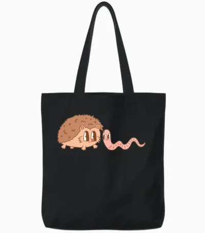 Retro Hedgehog and Worm Friends Tote Bags - Black