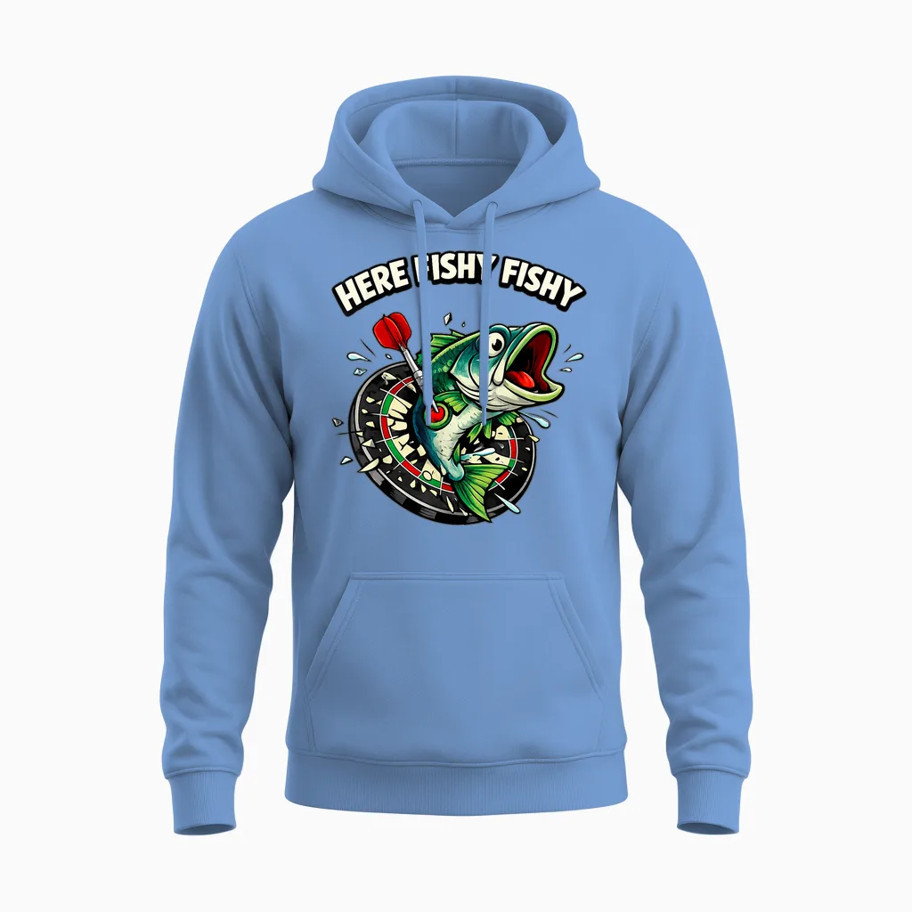 Lustiges Big Fish Motiv Für Dartspieler | Fisch & Bullseye Unisex Hoodie in Carolina Blue