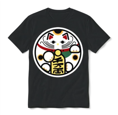 Round Lucky Cat Unisex T-Shirt - Black